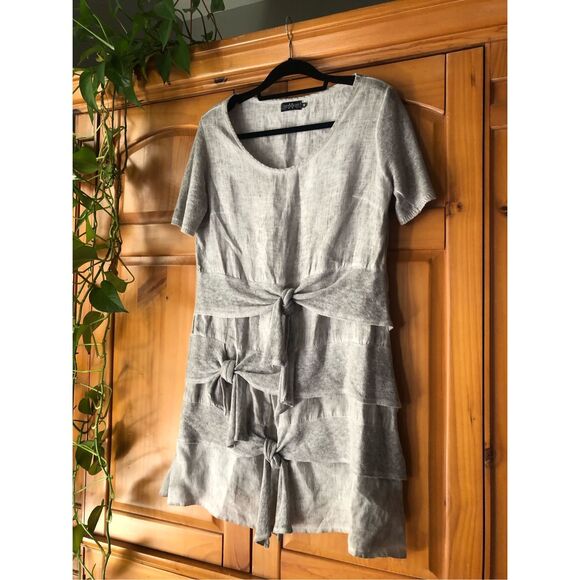 “Muza Poland Linen Dress – Gray, Short Sleeve, Artistic Knit Details (M - Picture 3 of 14